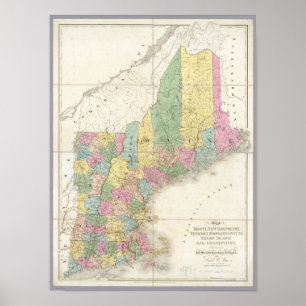 Kaart van Maine, New Hampshire, Vermont Poster