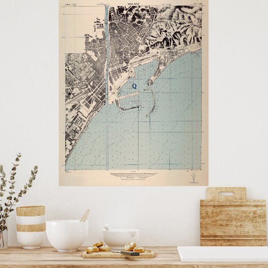  kaart van Malaga Spanje (1943) Poster (Keuken)