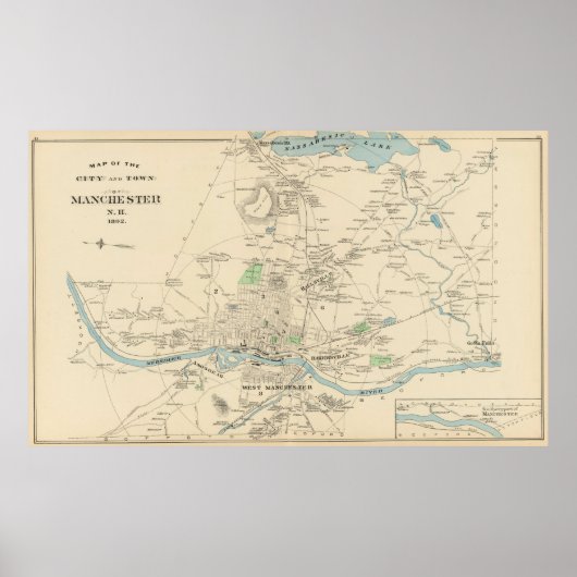 kaart van Manchester NH (1892) Poster (Voorkant)