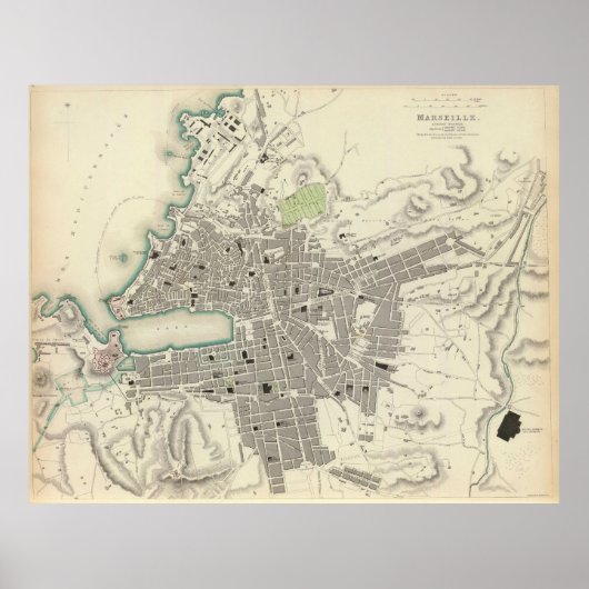 kaart van Marseille Frankrijk (1840) Poster (Voorkant)