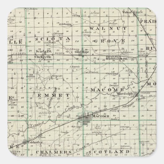 Kaart van McDonough County, Rushville Vierkante Sticker (Voorkant)