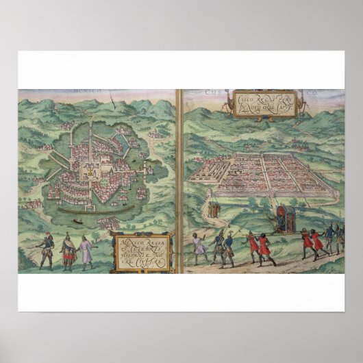 Kaart van Mexico en Cuzco, uit 'Civitates Orbis Te Poster (Voorkant)