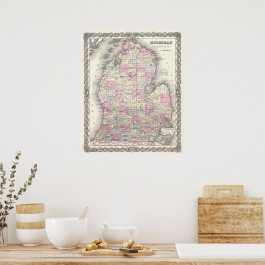  kaart van Michigan (1855) Poster (Keuken)