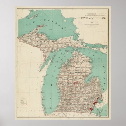  kaart van Michigan (1888) Poster (Voorkant)