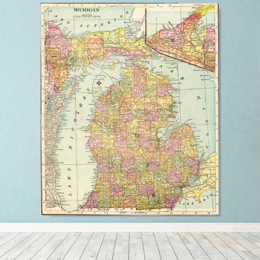  kaart van Michigan (1909) Canvas Afdruk (Insitu (Houten vloer))
