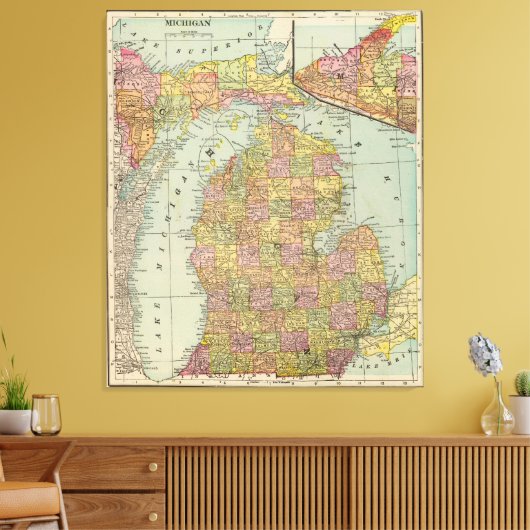 kaart van Michigan (1909) Canvas Afdruk (Insitu (Woonkamer))
