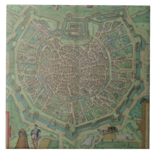 Kaart van Milaan, van "Civitates Orbis Terrarum" d Tegeltje