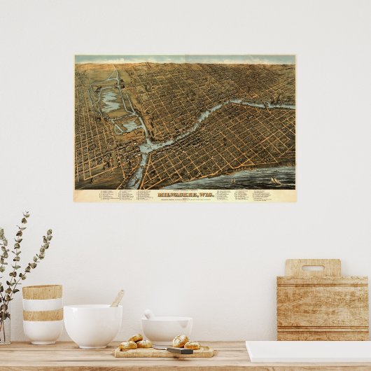 kaart van Milwaukee birdseye - 1872 (Bailey) BigMa Poster (Keuken)