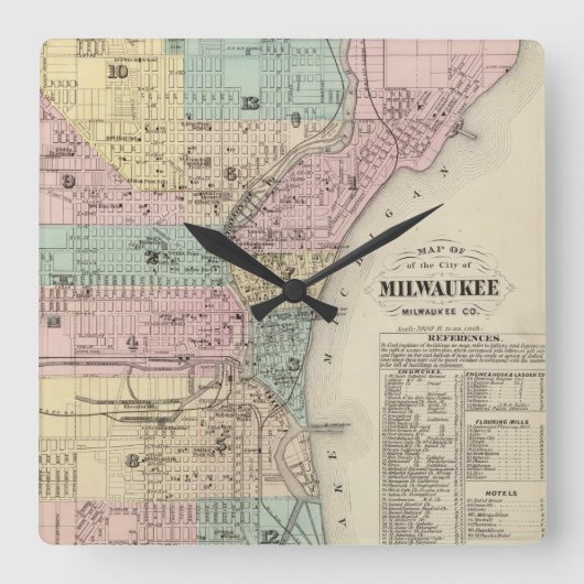 kaart van Milwaukee Wisconsin (1878) Vierkante Klok (Voorkant)