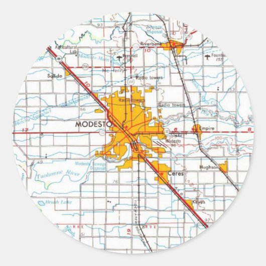  kaart van Modesto California Ronde Sticker (Voorkant)