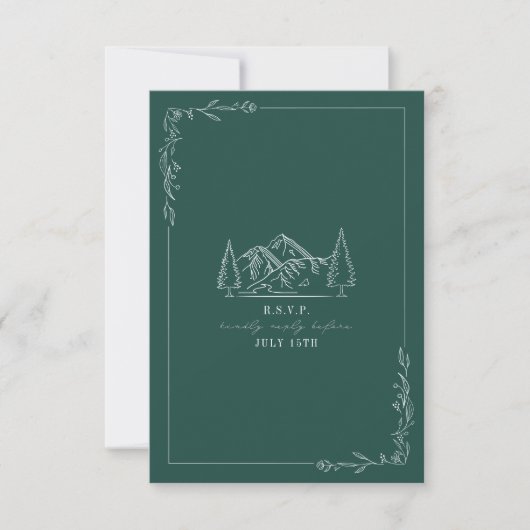 Kaart van Mountains Line Art Emerald Wedding RSVP (Voorkant)