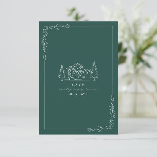 Kaart van Mountains Line Art Emerald Wedding RSVP (Staand voorkant)