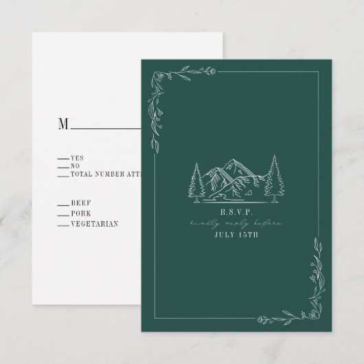 Kaart van Mountains Line Art Emerald Wedding RSVP (Voorkant / Achterkant)
