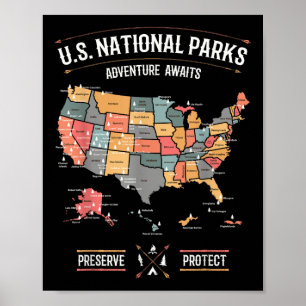 Kaart van nationale parken in de VS Bewaren Besche Poster