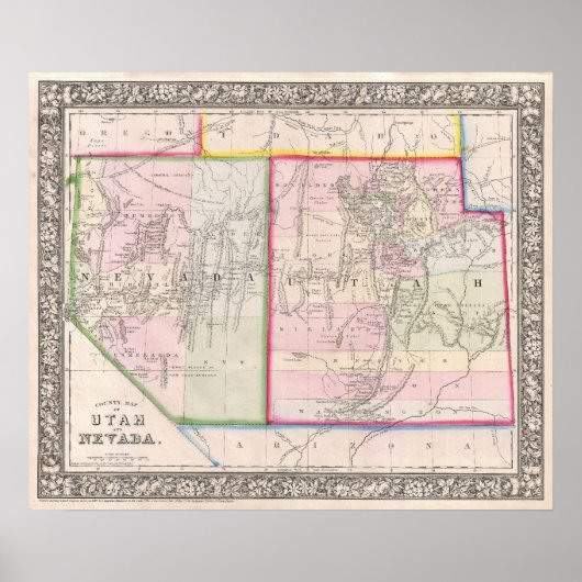 kaart van Nevada en Utah (1866) Poster (Voorkant)