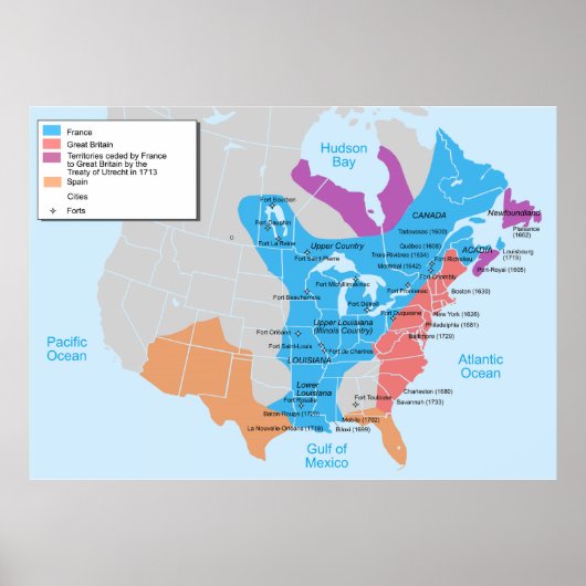 Kaart van New-France in 1750 Poster (Voorkant)