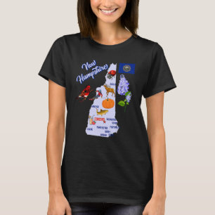 Kaart van New Hampshire State Landmarks Hoofdstede T-shirt