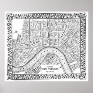  kaart van New Orleans (1880) BW Poster
