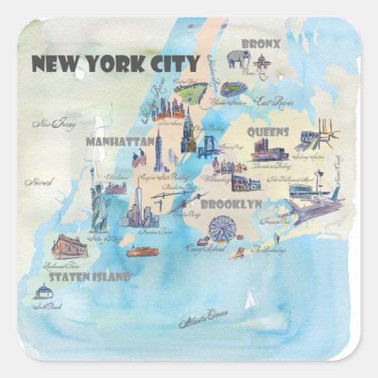 Kaart van New York City Manhattan  Travelposter Vierkante Sticker (Voorkant)