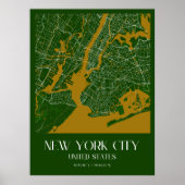  kaart van New York City - Stijlvol groen en goud Poster (Voorkant)