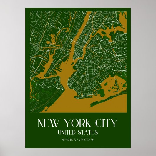 kaart van New York City - Stijlvol groen en goud Poster (Voorkant)