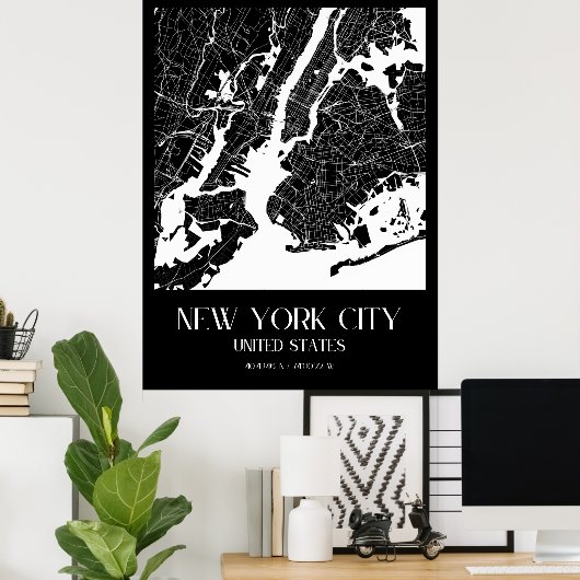 Kaart van New York City - Zwart-wit Poster (Thuiskantoor)