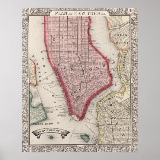  kaart van New York en Brooklyn 1860 Poster (Voorkant)