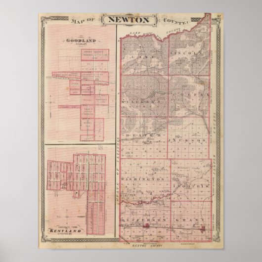 Kaart van Newton County met Goodland en Kentland Poster (Voorkant)