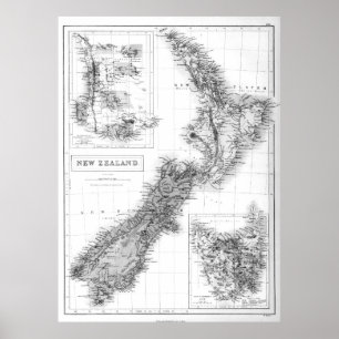 kaart van Nieuw-Zeeland (1854) BW Poster