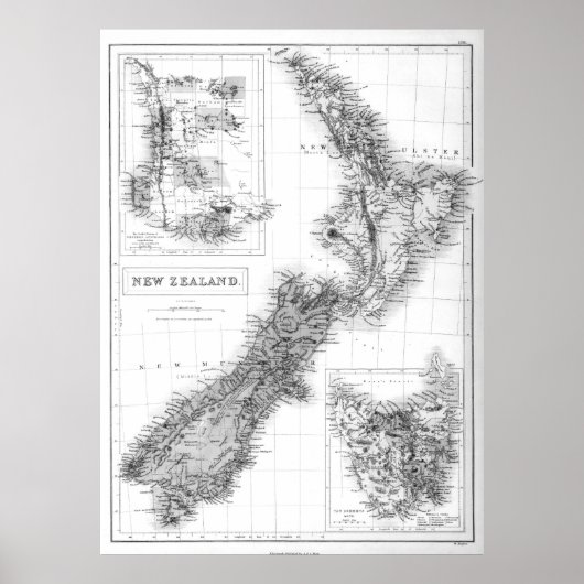  kaart van Nieuw-Zeeland (1854) BW Poster (Voorkant)