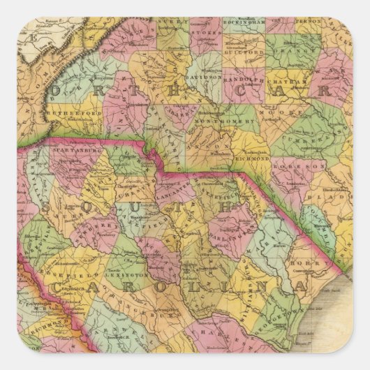 Kaart van Noord- en Zuid-Carolina en Georgië Vierkante Sticker (Voorkant)