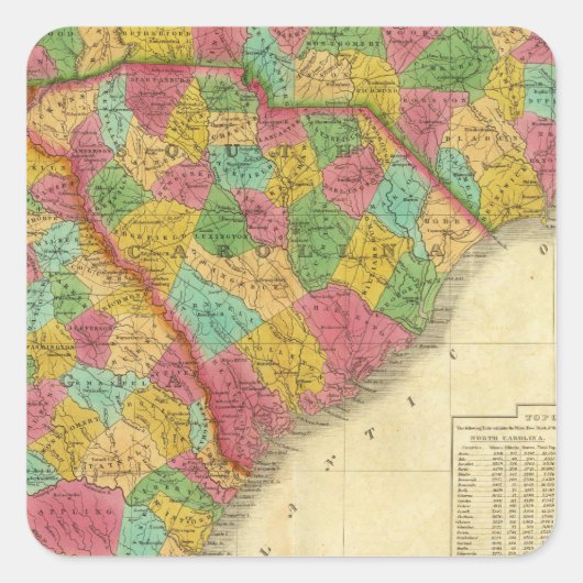 Kaart van Noord- en Zuid-Carolina en Georgië Vierkante Sticker (Voorkant)