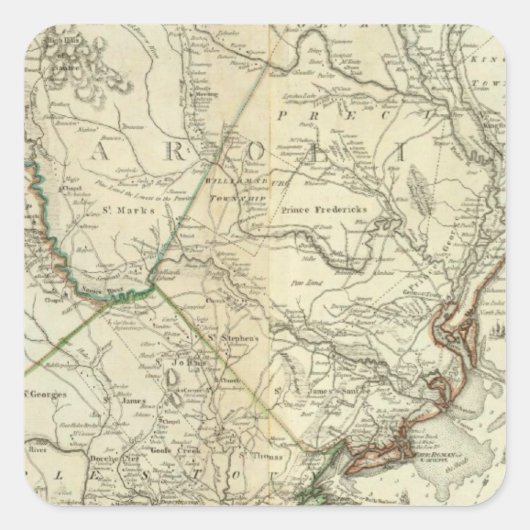 Kaart van Noord- en Zuid-Carolina Vierkante Sticker (Voorkant)