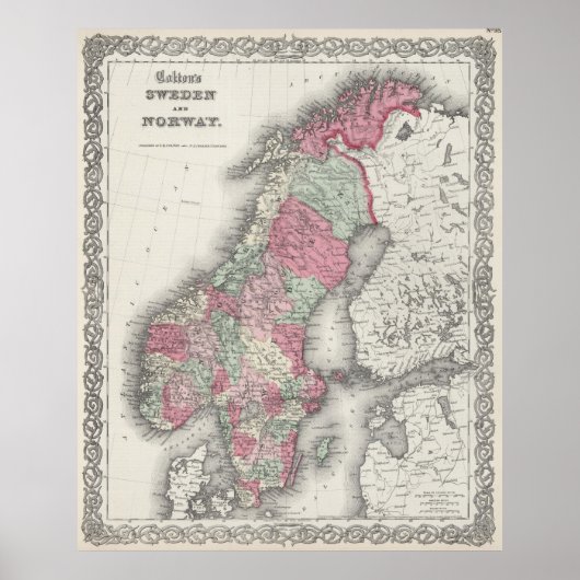  kaart van Noorwegen en Zweden (1865) Poster (Voorkant)