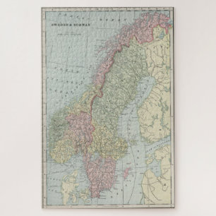  kaart van Noorwegen en Zweden (1901) Legpuzzel