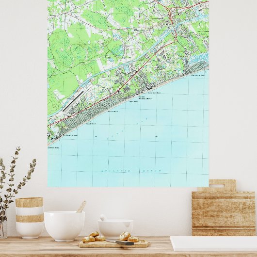 Kaart van North Myrtle Beach South Carolina (1990) Poster (Keuken)