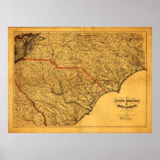 Kaart van North & South Carolina (1865) Poster (Voorkant)
