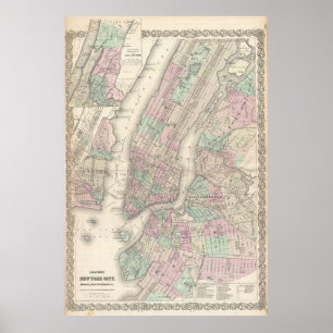 kaart van NYC en Brooklyn (1865) Poster