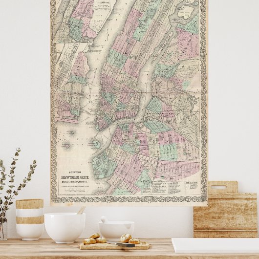  kaart van NYC en Brooklyn (1865) Poster (Keuken)