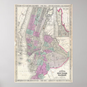  kaart van NYC en Brooklyn (1866) Poster