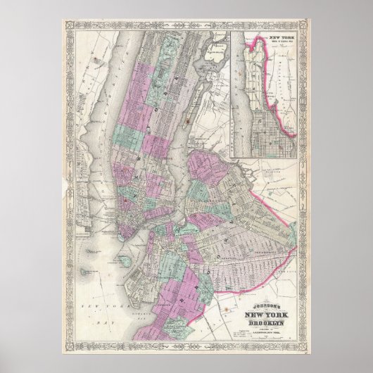 kaart van NYC en Brooklyn (1866) Poster (Voorkant)
