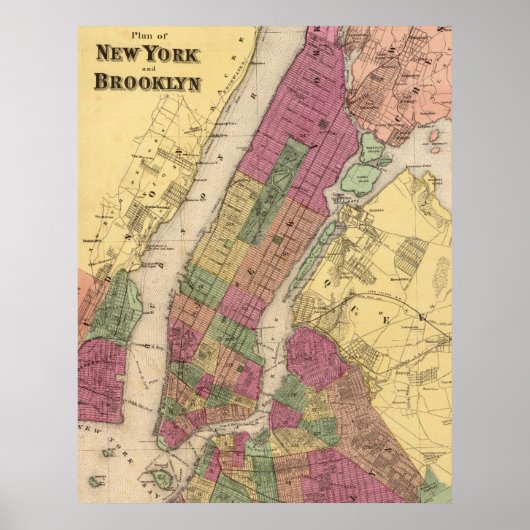  kaart van NYC en Brooklyn (1868) Poster (Voorkant)