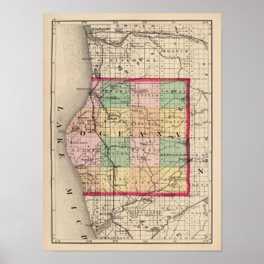 Kaart van Oceana County, Michigan Poster (Voorkant)