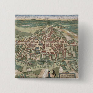Kaart van Odense, van "Civitates Orbis Terrarum" d Vierkante Button 5,1 Cm