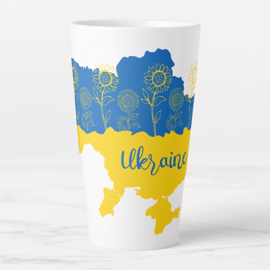 Kaart van Oekraïne met zonnebloem en Oekraïense vl Latte Mok (Voorkant)