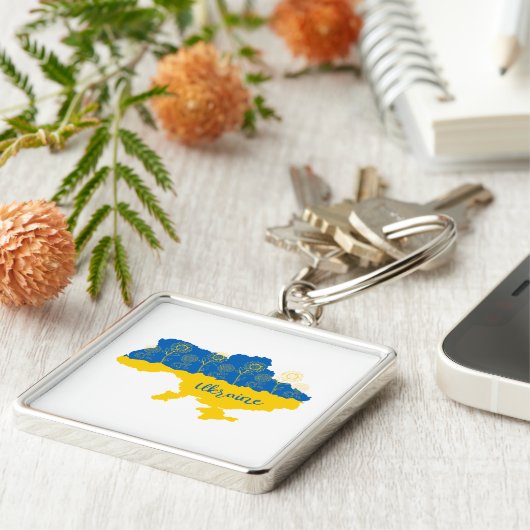 Kaart van Oekraïne met zonnebloem en Oekraïense vl Sleutelhanger (Zijkant)