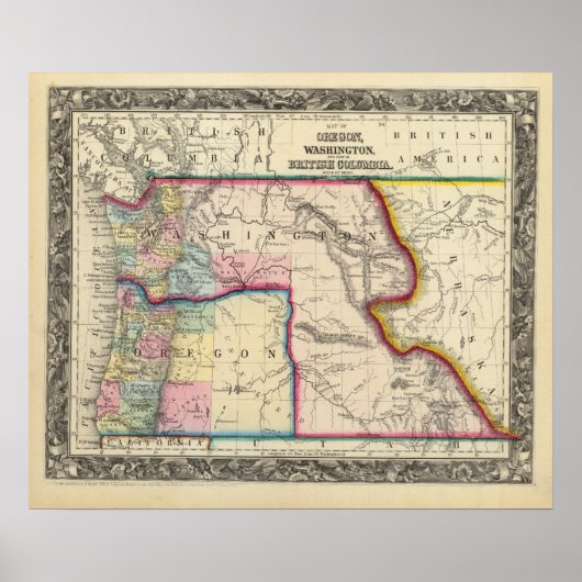 Kaart van Oregon, Washington Poster (Voorkant)