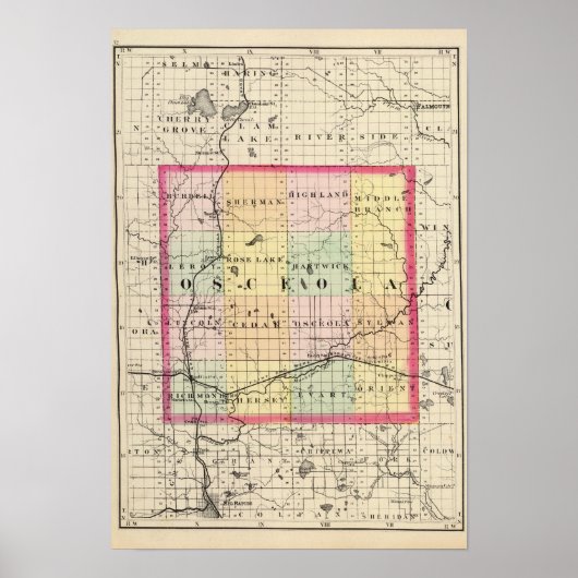 Kaart van Osceola County, Michigan Poster (Voorkant)