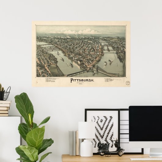 Kaart van Pittsburgh, Uitzicht van vogels en ogen, Poster (Thuiskantoor)