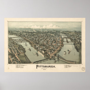 Kaart van Pittsburgh, Uitzicht van vogels en ogen, Poster